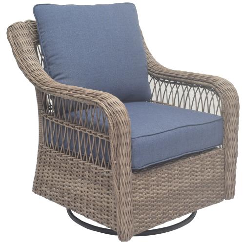 allen   roth Grand Haven Set of 2 Wicker Brown Steel Frame Swivel glider Conversation Chair with Blue Cushioned Seat (NO TEST)
