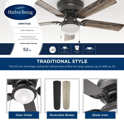 Harbor Breeze Armitage 52-in Matte Black LED Indoor Flush Mount Ceiling Fan with Light (5-Blade)