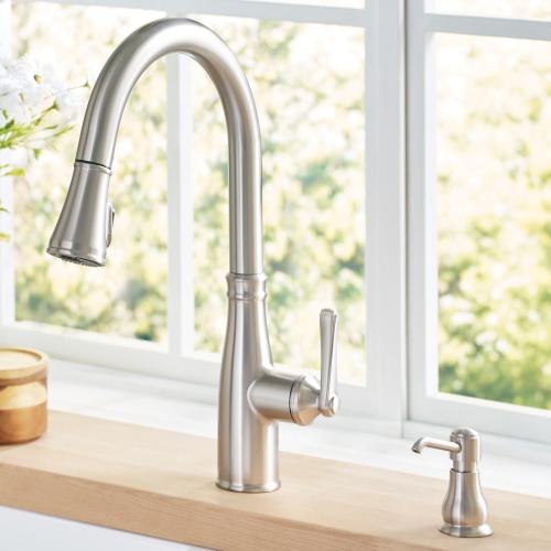 allen   roth Albers Spot Resist Stainless Single Handle Pull-down Kitchen Faucet with Sprayer (Deck Plate and Soap Dispenser Included)