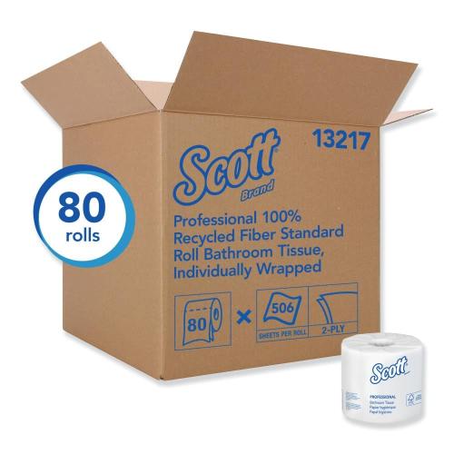 Set of 10 SCOTT Essential 100% Recycled Fiber SRB Bathroom Tissue - Biodegradable, Septic Safe, 2-Ply, White - Eco-Friendly Toilet Paper - 506 Sheets/Roll, 80 Rolls/Carton