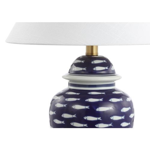 JONATHAN  Y School of Fish Ginger Jar Ceramic/Metal Coastal 22-in Brass Gold LED Incandescent Rotary socket Table Lamp with Linen Shade