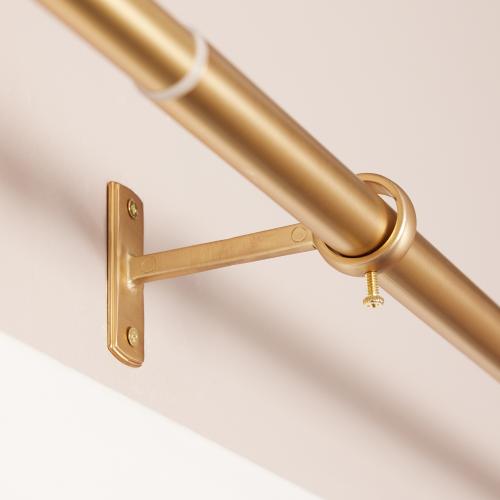 allen   roth Bexley 72-in to 144-in Brushed Gold Steel Single Curtain Rod with Finials. (Little damage; see the pictures)