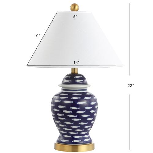 JONATHAN  Y School of Fish Ginger Jar Ceramic/Metal Coastal 22-in Brass Gold LED Incandescent Rotary socket Table Lamp with Linen Shade