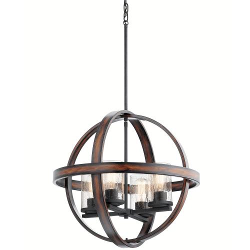 Kichler Barrington 4-Light Distressed Black and Wood Tone Rustic Seeded Glass Globe Medium Hanging Pendant Light