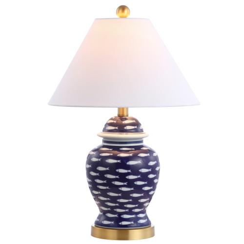 JONATHAN  Y School of Fish Ginger Jar Ceramic/Metal Coastal 22-in Brass Gold LED Incandescent Rotary socket Table Lamp with Linen Shade