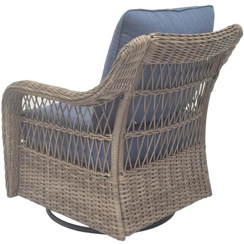 allen   roth Grand Haven Set of 2 Wicker Brown Steel Frame Swivel glider Conversation Chair with Blue Cushioned Seat (NO TEST)