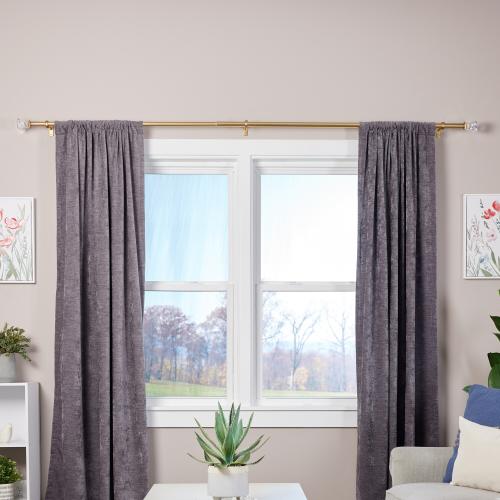 allen   roth Bexley 72-in to 144-in Brushed Gold Steel Single Curtain Rod with Finials. (Little damage; see the pictures)