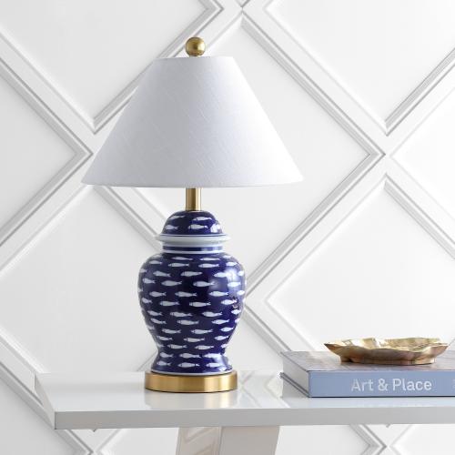 JONATHAN  Y School of Fish Ginger Jar Ceramic/Metal Coastal 22-in Brass Gold LED Incandescent Rotary socket Table Lamp with Linen Shade