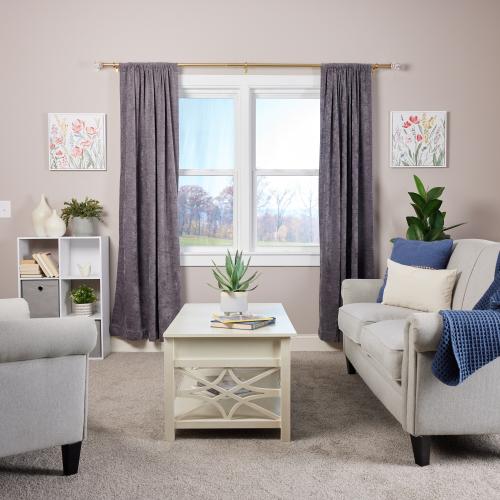 allen   roth Bexley 72-in to 144-in Brushed Gold Steel Single Curtain Rod with Finials. (Little damage; see the pictures)