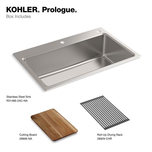 KOHLER Prologue Dual-mount 33-in x 22-in Stainless Steel Single Bowl 2-Hole Workstation Kitchen Sink with Drainboard (NO TEST)