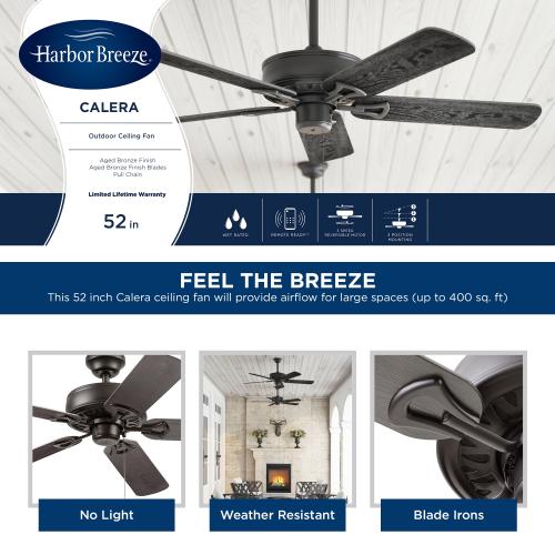 Harbor Breeze Calera 52-in Bronze with Aged Bronze Blades Indoor/Outdoor Ceiling Fan Light Kit Compatible (5-Blade)