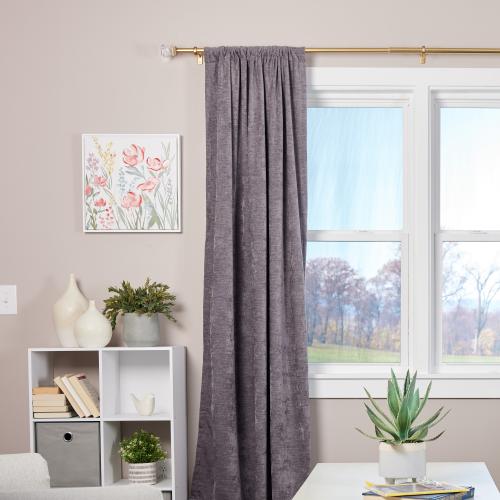 allen   roth Bexley 72-in to 144-in Brushed Gold Steel Single Curtain Rod with Finials. (Little damage; see the pictures)