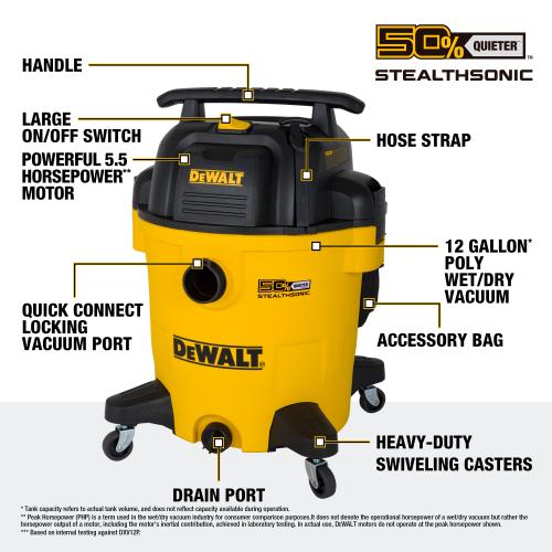DEWALT Stealthsonic Quiet 12-Gallon 5.5-HP Corded Wet/Dry Shop Vacuum with Accessories Included