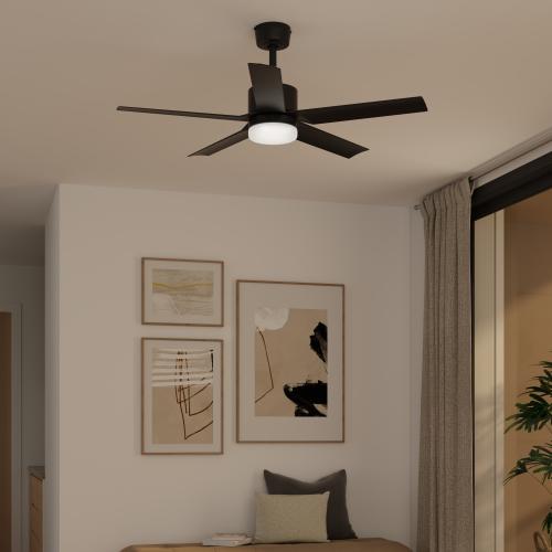 Harbor Breeze Reidsport 44-in Matte black Color-changing Integrated LED Indoor/Outdoor Downrod or Flush Mount Ceiling Fan with Light and Remote (5-Blade)