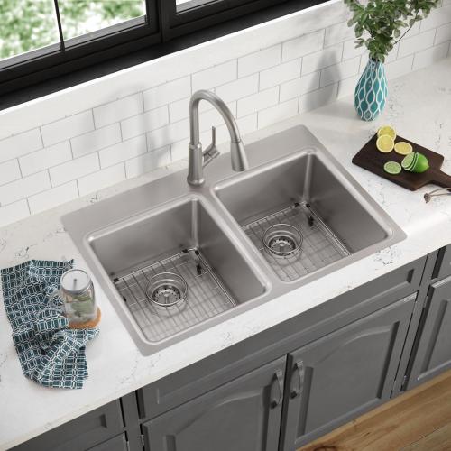 Elkay Greenwood Dual-mount 33-in x 22-in Satin Stainless Steel Double Equal Bowl 1-Hole Kitchen Sink
