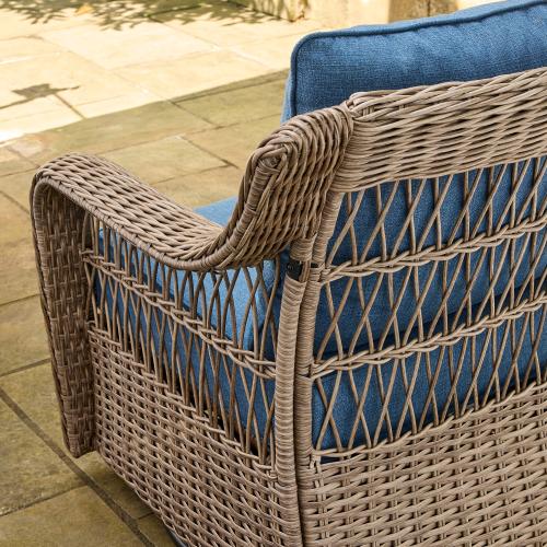 allen   roth Grand Haven Set of 2 Wicker Brown Steel Frame Swivel glider Conversation Chair with Blue Cushioned Seat (NO TEST)
