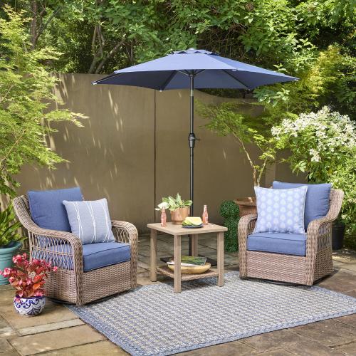allen   roth Grand Haven Set of 2 Wicker Brown Steel Frame Swivel glider Conversation Chair with Blue Cushioned Seat (NO TEST)