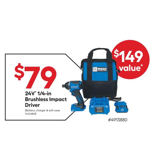 Kobalt 24-volt 1/4-in Brushless Cordless Impact Driver (Battery and Charger Included with Soft Bag)