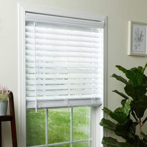 allen   roth Trim at Home 2-in Slat Width 52-in x 64-in Cordless White Faux Wood Room Darkening Horizontal Blinds
