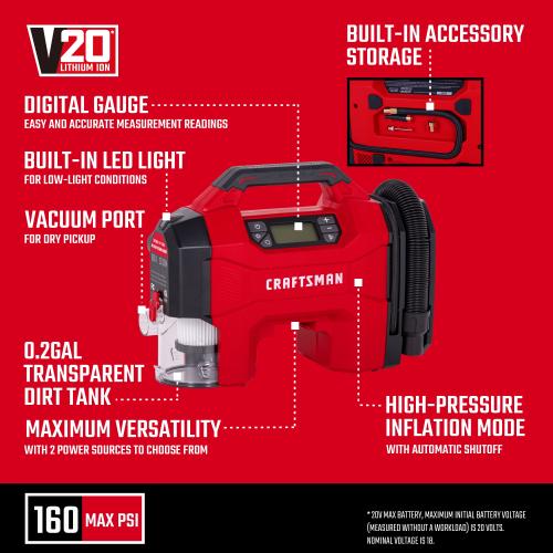 CRAFTSMAN 3-in-1 V20 Tool-Only 20-volt Air Inflator (Power Source: Battery)
