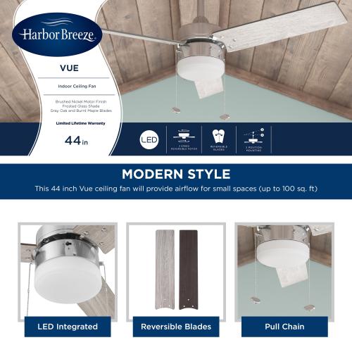 Harbor Breeze Vue 44-in Brushed Nickel with Driftwood/Cocoa Blades LED Indoor Ceiling Fan with Light (3-Blade) (Broken)