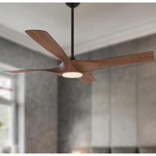 Minka Ceiling Fan Co. Rowland 56-in Matte Black with Distressed Koa Blades Color-changing Integrated LED Indoor/Outdoor Ceiling Fan with Light and Remote (4-Blade)
