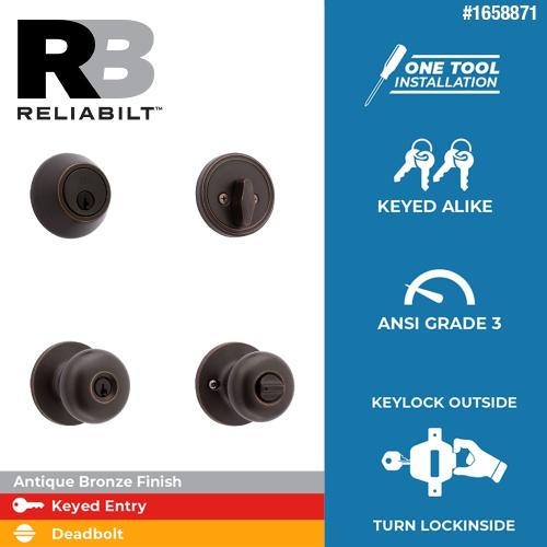 RELIABILT Baron Antique Bronze Exterior Single-cylinder deadbolt Keyed Entry Door Knob Project Pack (2-Pack)