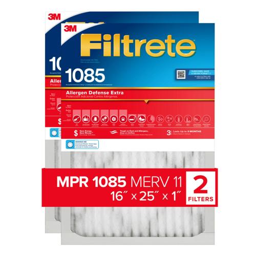 Filtrete 16-in W x 25-in L x 1-in MERV 11 1085 MPR Allergen Defense Extra Electrostatic Pleated Air Filter (2-Pack)