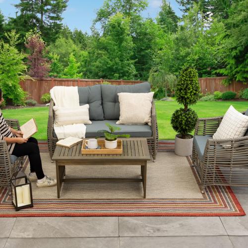 allen + roth with STAINMASTER Red Border 5 X 7 (ft) Red Outdoor Area Rug