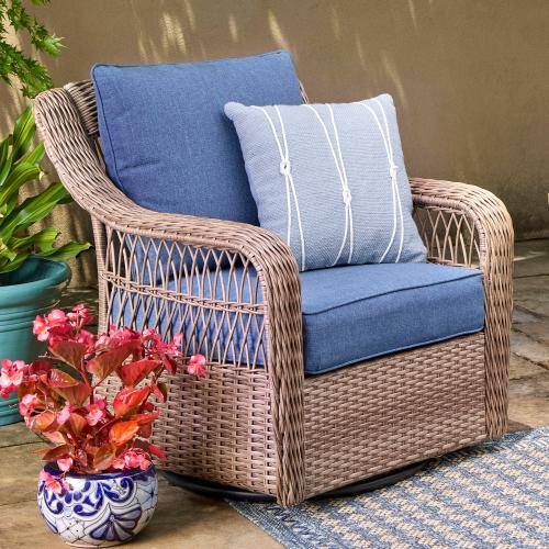 allen   roth Grand Haven Set of 2 Wicker Brown Steel Frame Swivel glider Conversation Chair with Blue Cushioned Seat (NO TEST)