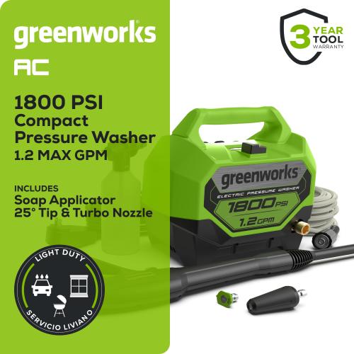Greenworks 1800-PSI 1.2-GPM Cold Water Electric Pressure washer with 2 Spray Tips