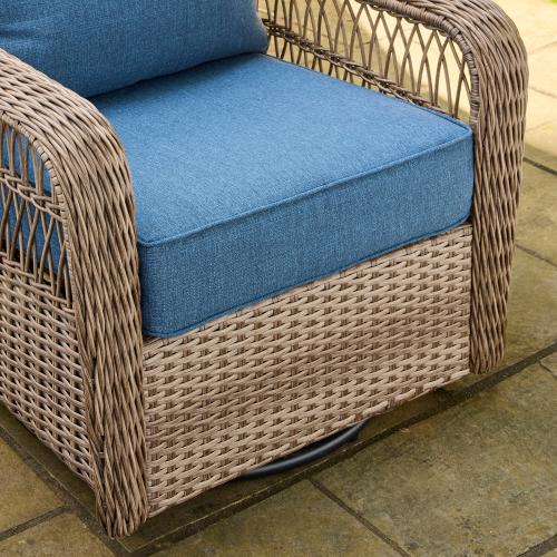 allen   roth Grand Haven Set of 2 Wicker Brown Steel Frame Swivel glider Conversation Chair with Blue Cushioned Seat (NO TEST)