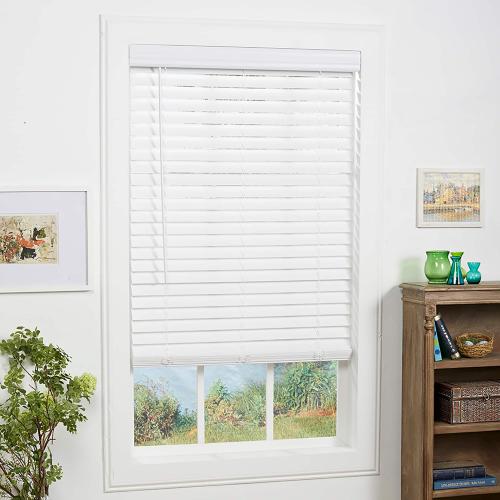allen   roth Trim at Home 2-in Slat Width 34-in x 72-in Cordless White Faux Wood Room Darkening Horizontal Blinds