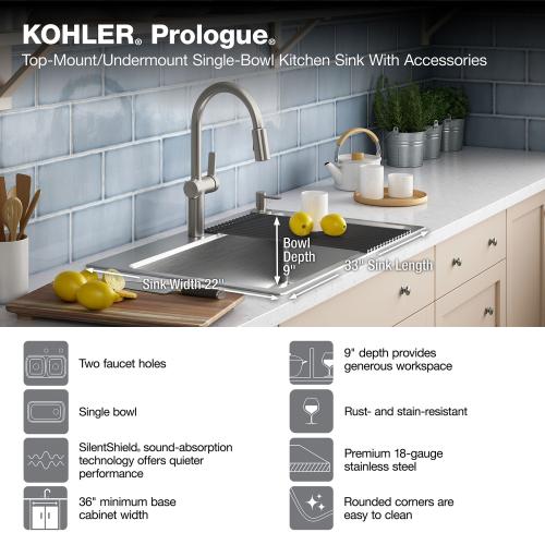 KOHLER Prologue Dual-mount 33-in x 22-in Stainless Steel Single Bowl 2-Hole Workstation Kitchen Sink with Drainboard (NO TEST)