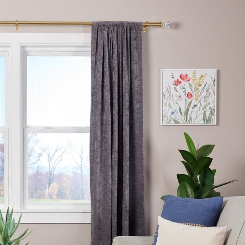 allen   roth Bexley 72-in to 144-in Brushed Gold Steel Single Curtain Rod with Finials. (Little damage; see the pictures)