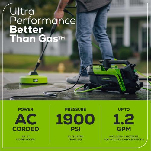 Greenworks 1900-PSI 1.2-GPM Cold Water Electric Pressure washer with 4 Spray Tips and Surface Cleaner