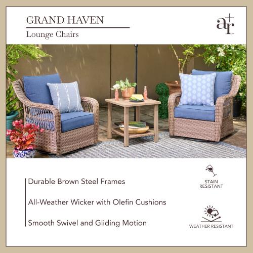 allen   roth Grand Haven Set of 2 Wicker Brown Steel Frame Swivel glider Conversation Chair with Blue Cushioned Seat (NO TEST)