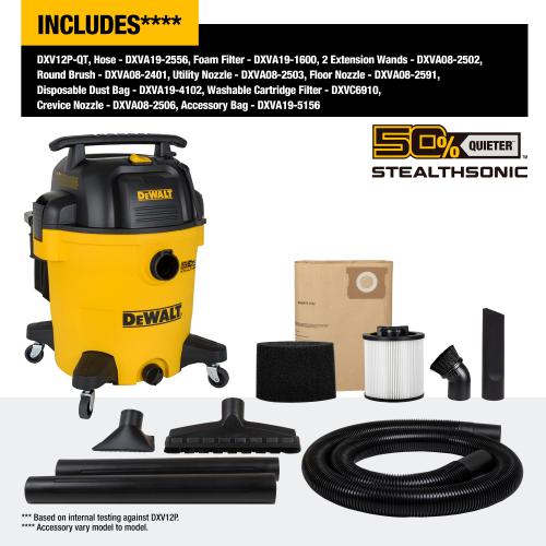 DEWALT Stealthsonic Quiet 12-Gallon 5.5-HP Corded Wet/Dry Shop Vacuum with Accessories Included