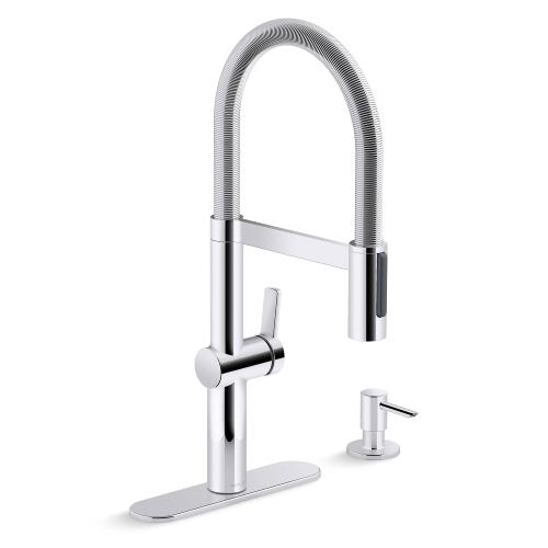 KOHLER Koi Pre-Rinse Spring Polished Chrome Single Handle Pull-down Kitchen Faucet with Sprayer (Deck Plate and Soap Dispenser Included)