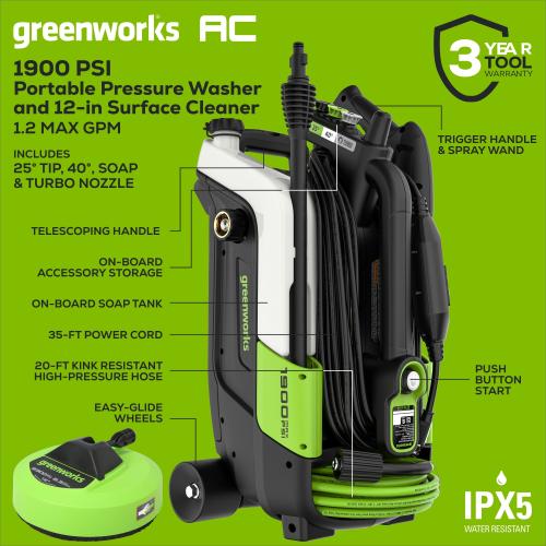 Greenworks 1900-PSI 1.2-GPM Cold Water Electric Pressure washer with 4 Spray Tips and Surface Cleaner