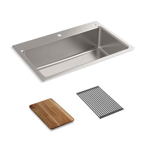 KOHLER Prologue Dual-mount 33-in x 22-in Stainless Steel Single Bowl 2-Hole Workstation Kitchen Sink with Drainboard (NO TEST)