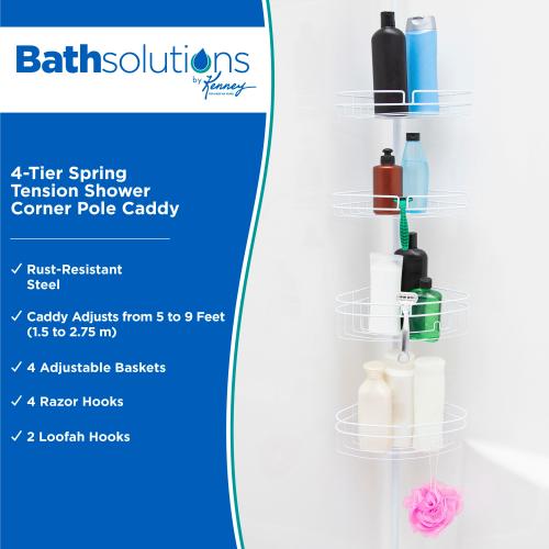 Kenney Kenney 4-Tier Spring Tension Shower Corner Pole Caddy with Razor Holder, White