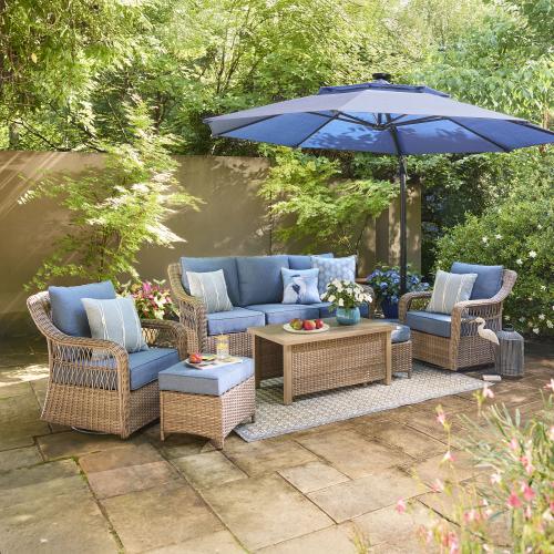 allen   roth Grand Haven Set of 2 Wicker Brown Steel Frame Swivel glider Conversation Chair with Blue Cushioned Seat (NO TEST)