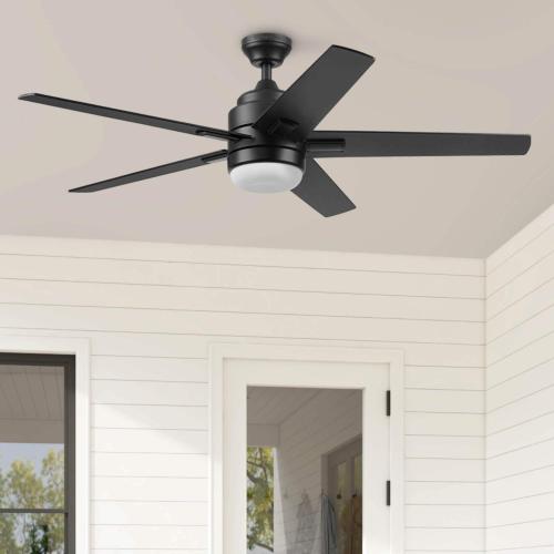 Harbor Breeze Flanagan III 52-in Matte Black with Black/Driftwood Blades Color-changing Indoor/Outdoor Ceiling Fan Remote (5-Blade)