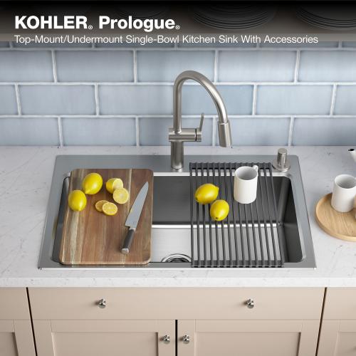 KOHLER Prologue Dual-mount 33-in x 22-in Stainless Steel Single Bowl 2-Hole Workstation Kitchen Sink with Drainboard (NO TEST)