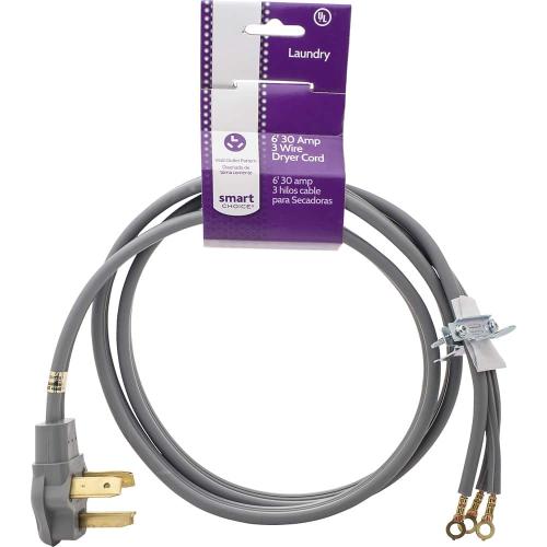 Smart Choice - 6' 30 Amp 3-Prong Dryer Cord Required for Hook-Up - Gray