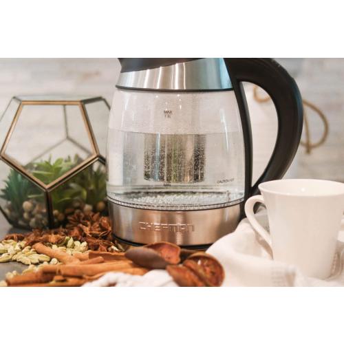 Chefman - 1.8 Liter Electric Glass Kettle w/ Tea Infuser - Stainless Steel/Black