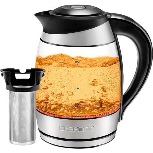 Chefman - 1.8 Liter Electric Glass Kettle w/ Tea Infuser - Stainless Steel/Black