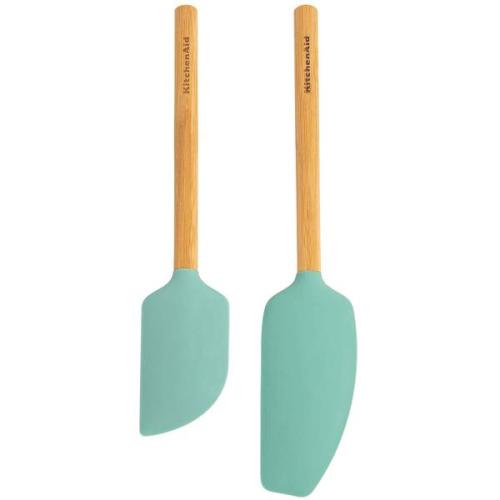 KitchenAid 2pc Bamboo Spatula Set Aqua Blue: Silicone Flexible Spatulas for Cooking & Baking, Wood Handle, Hand Wash