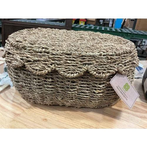 Set of 3 Wicker Storage Baskets with Lid - Decorative Handwoven Rattan Baskets for Organizing, Small Hyacinth Storage Boxes with Scalloped Edges, Natural Woven Storage Bins with Lids (Water Hyacinth)